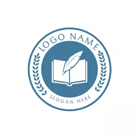 Exam Logo Blue Encircled Book and Feather Pen logo design