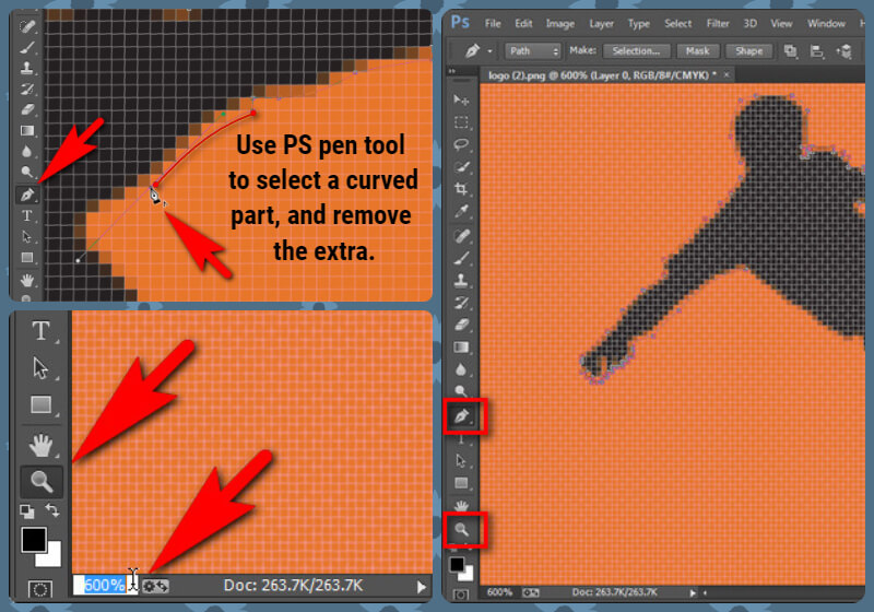 Use photoshop pen tool and zoom tool
