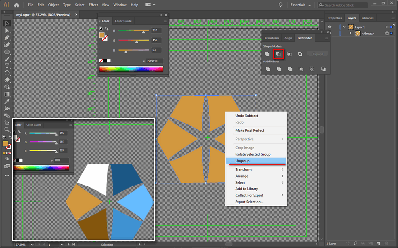 Minus front layer, ungroup, and color each shapes in AI.
