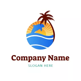 Jump Logo Abstract Coconut Tree and Dolphin logo design