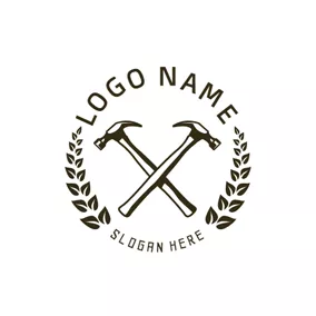 技工 Logo Black and White Branch and Hammer logo design