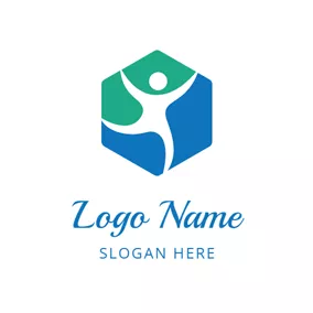 Man Logo Blue Hexagon and Happy Man logo design