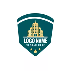Architectural Logo Golden Building and Green Police Shield logo design