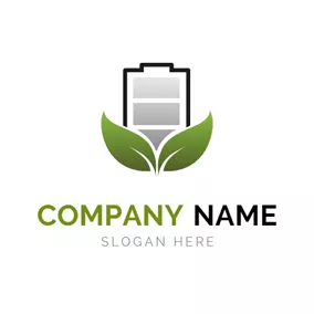 Electricity Logo Green Leaf and Gray Battery logo design