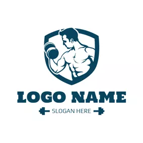 Fighting Logo Green Strong Man and Dumbbell Shield logo design