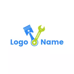 Industrial Logo Green Wrench and Blue Piston logo design