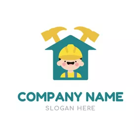 修理 Logo Hammer and Cute Handyman logo design