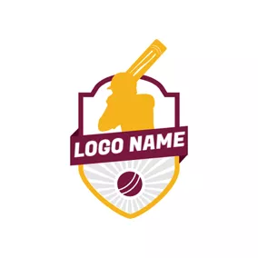 板球隊 Logo Yellow Badge and Cricket Player logo design