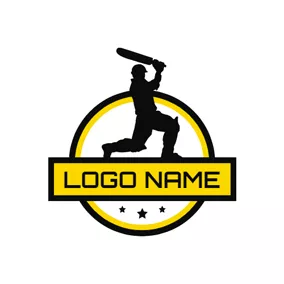 板球隊 Logo Yellow Banner and Cricket Athlete logo design