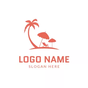 ビーチ　ロゴ Big Coconut Tree and Beach Umbrella logo design