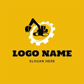 油圧ショベル　ロゴ Big Gear and Excavator Outline logo design