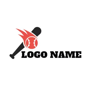 ソフトボール　ロゴ Black Baseball Bat and Red Fire logo design