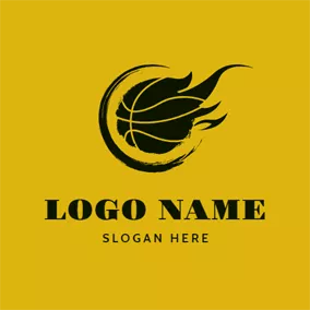 Emblem Logo Black Fire and Basketball logo design