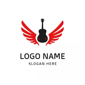 Combination Logo Black Guitar and Red Wings logo design