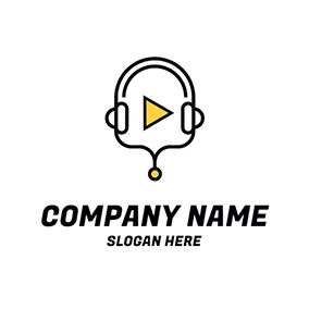 Headset Logo Black Headset and Yellow Play Button logo design
