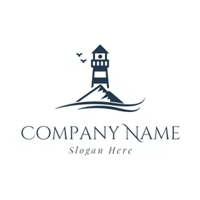 陸地 Logo Black Lighthouse and Small Island logo design