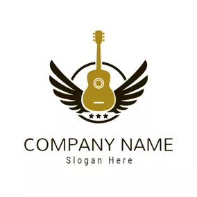 翼のロゴ Black Wing and Brown Guitar logo design