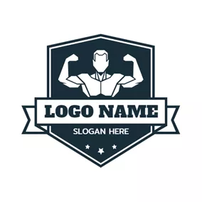鍛煉 Logo Blue Badge and Bodybuilder logo design