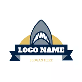 Logotipo De Tiburón Blue Banner and Shark Head logo design