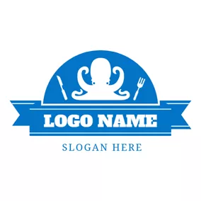 シーフードロゴ Blue Banner and White Octopus logo design