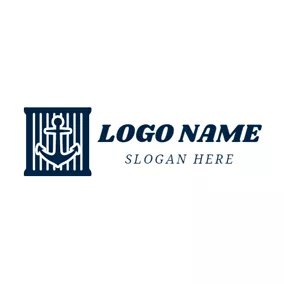 錨Logo Blue Boat Anchor and Container logo design