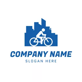 自行車 Logo Blue Building and Bicycle logo design