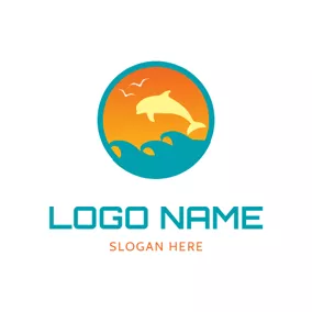 イルカロゴ Blue Circle and Beige Dolphin logo design