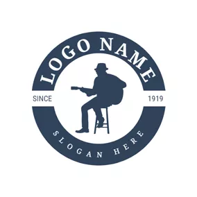 Guitar Logo Blue Circle and Guitar Singer logo design