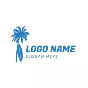 冲浪 Logo Blue Coconut Palm and Surfboard logo design