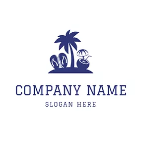 Emblem Logo Blue Coconut Tree and Slipper logo design