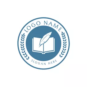 Logótipo De Academia Blue Encircled Book and Feather Pen logo design