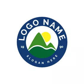 山丘 Logo Blue Encircled Sunrise and Green Mountain logo design