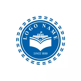 Logotipo De Aula Blue Encircled Teaching Building and Book logo design