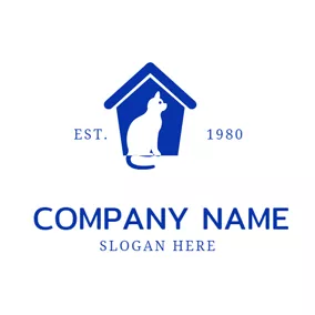 House Logo Blue House and Seated Cat logo design