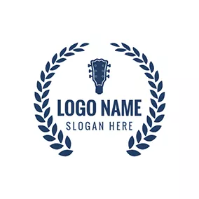 Emblem Logo Blue Leaf and Guitar Head logo design