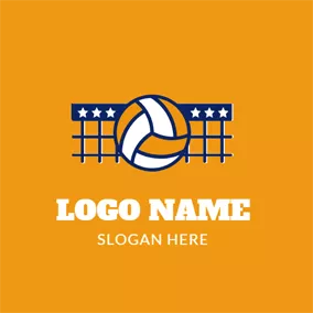 排球Logo Blue Net and Orange Volleyball logo design