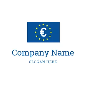 Business Logo Blue Rectangle and Encircled Euro Symbol logo design