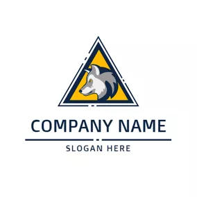 Yellow Logo Blue Triangle and Gray Wolf logo design