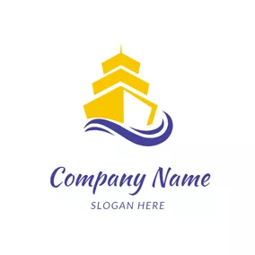 船 Logo Blue Wave and Yellow Steamship logo design