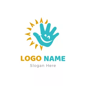 Joyful Logo Bright Sun and Blue Smiling Hand logo design