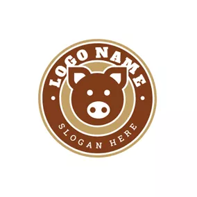 ブタ　ロゴ Brown Badge and Pig Head logo design