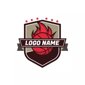 社團 & 俱樂部Logo Brown Badge and Red Basketball Fire logo design