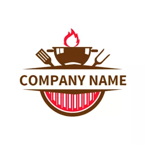 BBQ Logo Brown Grill and Red Fire logo design