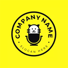 Emblem Logo Cat Face and Microphone logo design
