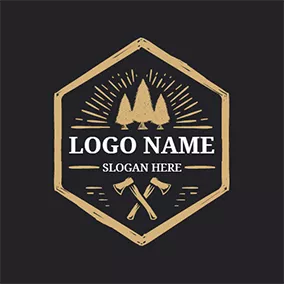 Badge Logo Cross Axe and Yellow Tree logo design