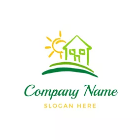 Home Logo Cute Sun and Small Green House logo design