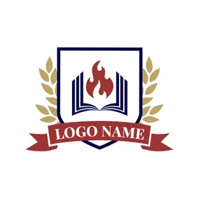 Reading Logo Golden Leaves Encircled Book and Torch Badge logo design