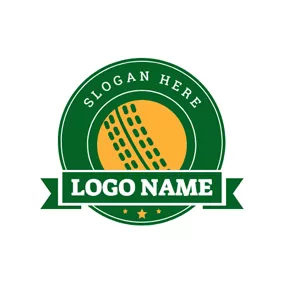 Badge Logo Green Banner and Yellow Cricket Ball logo design
