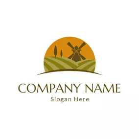 Agricultural Logo Green Field and Brown Windmill logo design