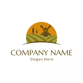 風景　ロゴ Green Field and Brown Windmill logo design